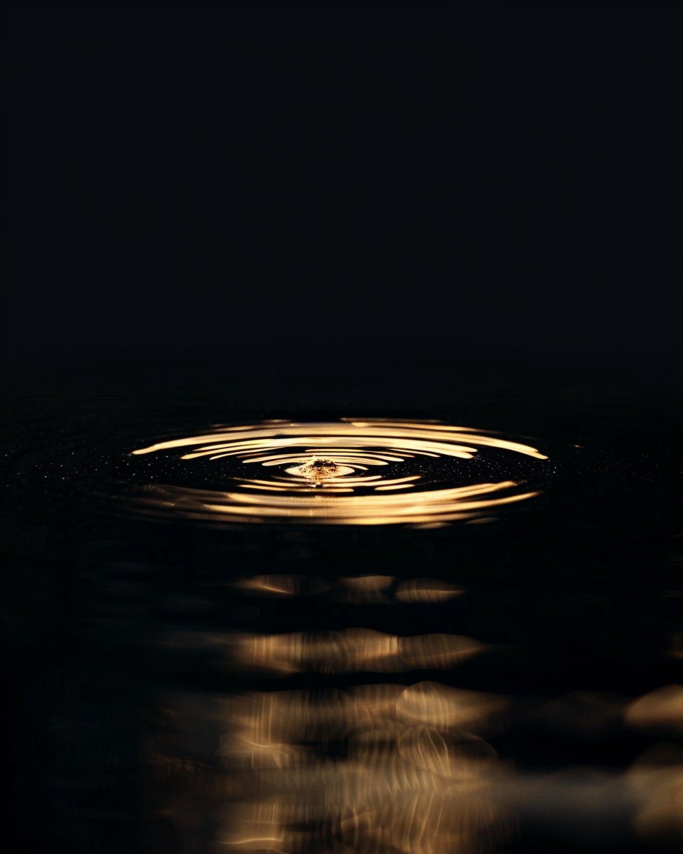 Golden light settling in rings on dark water